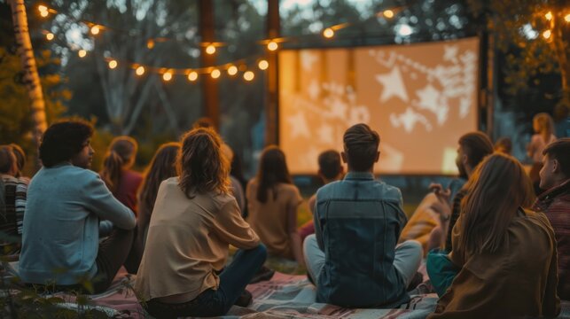 A group of people are sitting on a blanket in a park