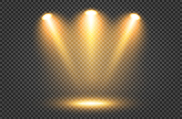 Illumination of the stage with yellow light of lighting fixtures on a dark transparent background. Bright lighting with spotlights. Vector light sources. The light from the spotlight. Vector EPS 10.