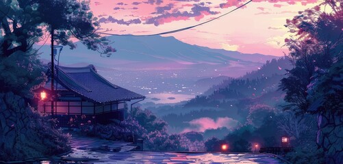 Beautiful anime-style illustration of a japanese landscape, digital art illustration