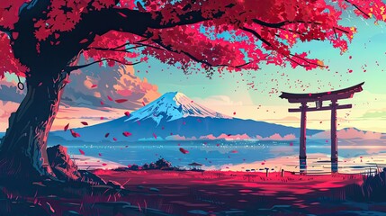 Beautiful anime-style illustration of a japanese landscape, digital art illustration
