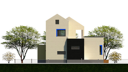 modern house with grass, 2d illustration facade of a modern house with four sides. Elevation illustration of a modern single-family home with a gable roof and elegant granite finish.
