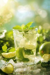 Fototapeta premium An invigorating mint mojito cocktail, garnished with fresh lime and mint leaves