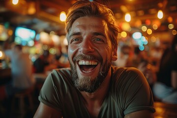 Obraz premium A heartily laughing man enjoying the lively atmosphere in a bar surrounded by warm lights
