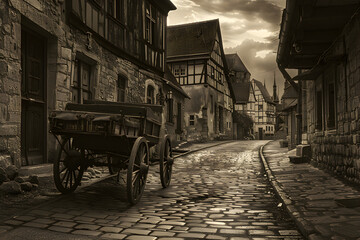 Timeless Elegance: A Sepia-Toned Glimpse into a Historical Town with Antiquated Wagon and Cobblestone Streets