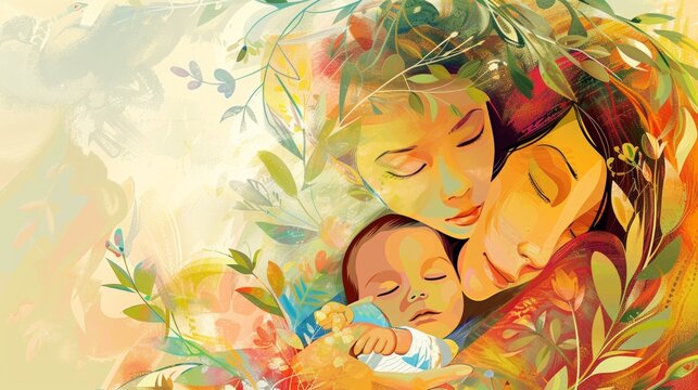 Mother gently embrace her little baby Mother gently embrace her little baby. Colorful illustration.