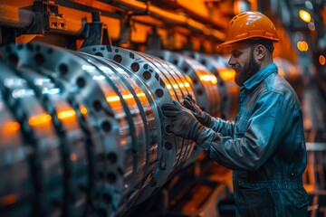A focused technician in a helmet checks the mechanics of large steel gears in an industrial setting