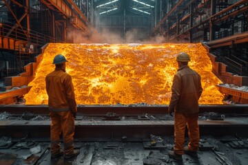 Two workers in reflective clothing observe the intense process of molten metal casting in a steel mill environment