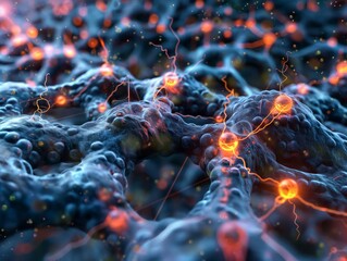 A close up of a brain with many neurons and a few glowing red balls. Concept of complexity and interconnectedness, as the neurons are shown to be linked together in a web-like pattern