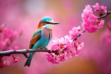 Fototapeta premium Colorful wild bird on a trees flower wildlife outdoors