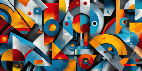 Vibrant Abstract Composition with Multicolored Shapes on White Background in Red, Blue, and Orange Color Scheme