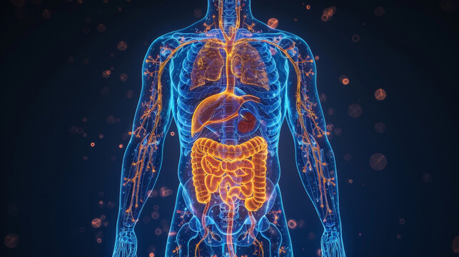 A close up of a human body with the stomach and intestines shown in red. The stomach is shown as being full of blood