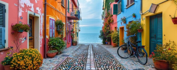 Narrow street of the village of fishermen with colorful houses and a bicycle in early morning - Powered by Adobe