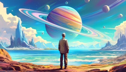 An old  man stands on the beach, looking at Saturn in space
