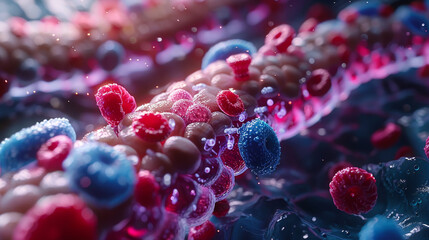 A close up of a red and blue blob with a pink blob in the middle