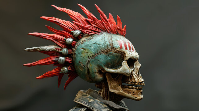 Punk's skull with mohawk hairstyle on gray background