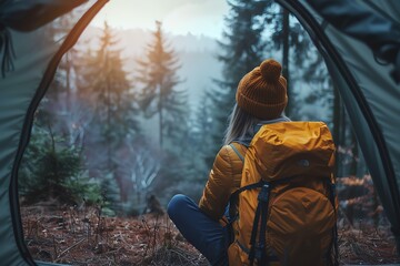 Capture the essence of solitude and introspection during a wilderness camping trip from a rear view angle, incorporating surreal lighting effects that blur the line between reality and introspective i - obrazy, fototapety, plakaty