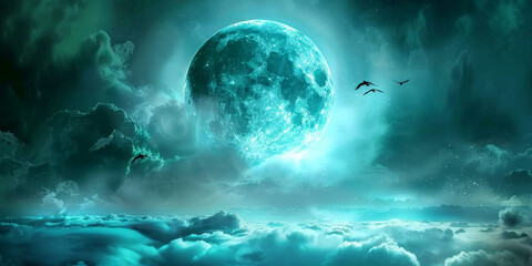 green  night sky with green moon and clouds backhround, green halloween background, scary spooky night