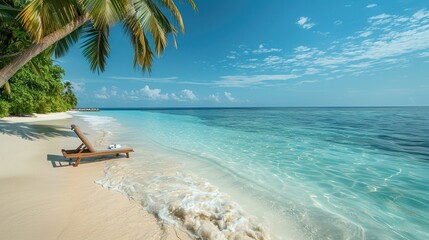 Luxurious tropical landscape. White sand with palm trees and azure sea. A heavenly place to relax. Beautiful exotic summer beach background for design.