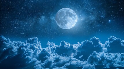 Starry night sky adorned with a full moon peeking through billowing clouds.