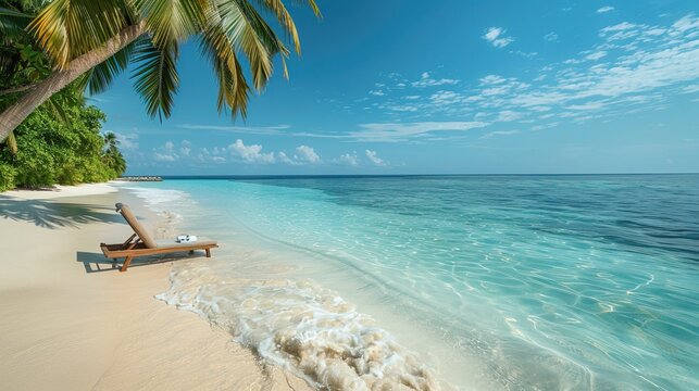 Luxurious tropical landscape. White sand with palm trees and azure sea. A heavenly place to relax. Beautiful exotic summer beach background for design. - Powered by Adobe
