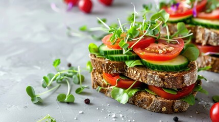 Vegetable and fruit microgreen sandwiches. Homemade toasts sandwiches with tomato, cucumber, berry fruits and a lot of microgreen baby leaves sprouts, white table background copy space