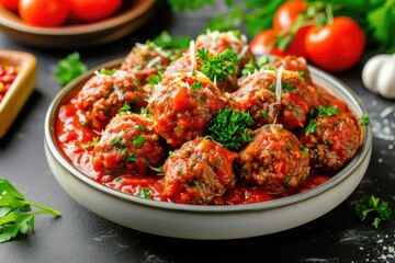 Ground beef meatballs with tomato and cheese sauce, top down view, clean background