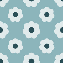 Seamless patterns with daisy flower, meadow on blue background illustration. Cute summer wallpaper.