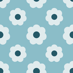 Seamless patterns with daisy flower, meadow on blue background illustration. Cute summer wallpaper.