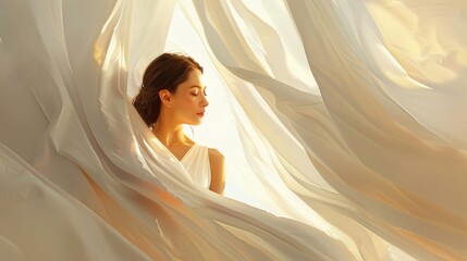 Serene Beauty Elegantly Draped in Flowing White Fabric.