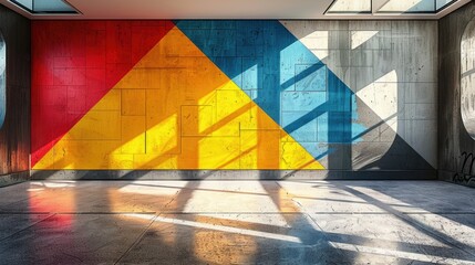 Sunlight filters into a grunge urban room with triangular color blocks on walls, offering a sense of modern art