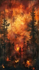 Dramatic painted background depicting forest fires, explosions, and the chaos of war.