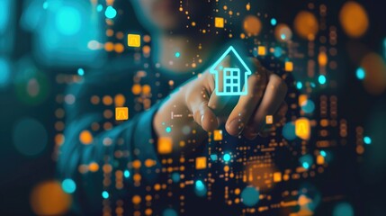 Generative AI Businessman hand operating touch digital technology overlay building of real estate house icon