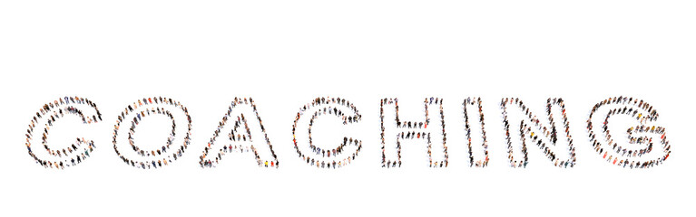 Concept conceptual large community of people forming the word COACHING. 3d illustration metaphor for training, sport, business, motivation, creativity, communication, strategy, leadership and success