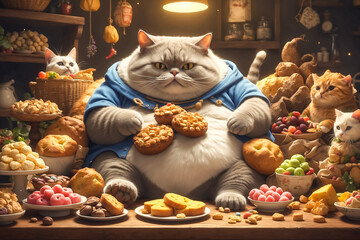 An obese cat sits on a couch surrounded by a lot of sweet food.