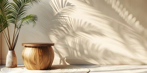 Elegant Wooden Side Table with Vibrant Tropical Leaf and Captivating Shadow Patterns on Serene Beige Background