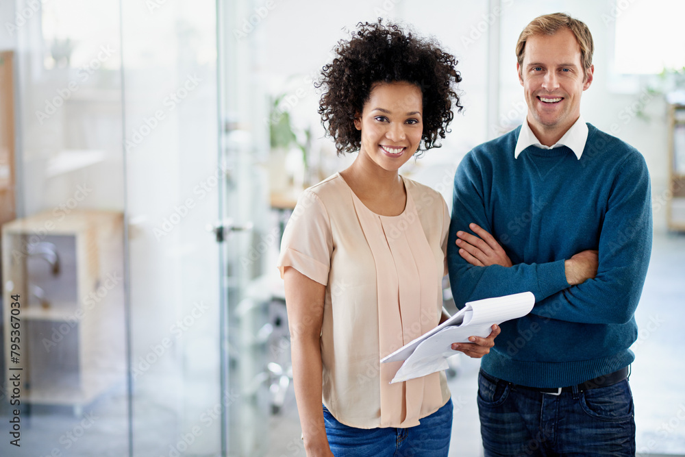 Poster smile, employee and notepad in office for collaboration, teamwork and information as project manager