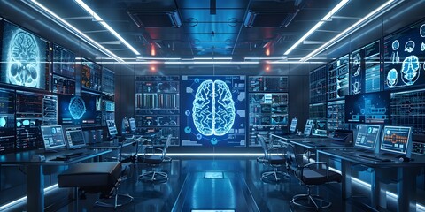 Futuristic Medical Lab with Digital Brain Health Diagnostics and Research