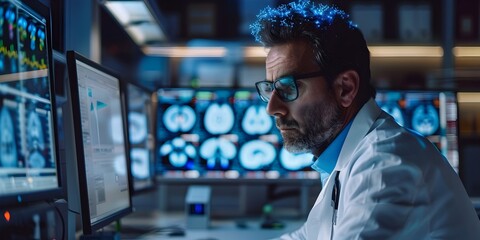 Fototapeta premium Medical Researcher Utilizing Advanced to Analyze Brain Neural Pathways for Developing New Treatments for Neurodegenerative Diseases with Copy Space