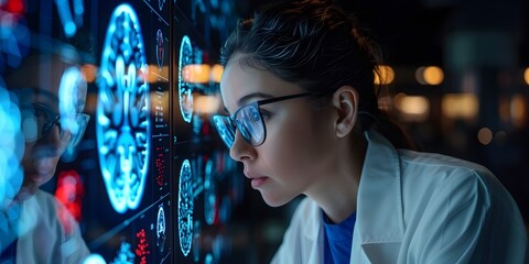 Neuroscientist Analyzing Digital Brain Model for Alzheimer s Research in High Tech Laboratory