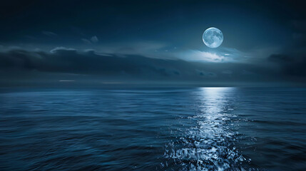 Fototapeta na wymiar a serene ocean scene with a full moon shining over calm blue waters, reflecting the dark blue sky a