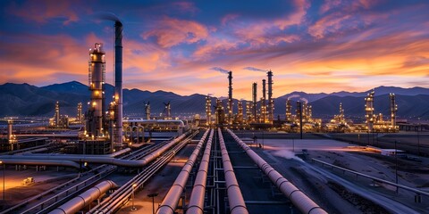 Sprawling Oil Refinery Illuminated by Sunset Glow in Remote Desert Landscape