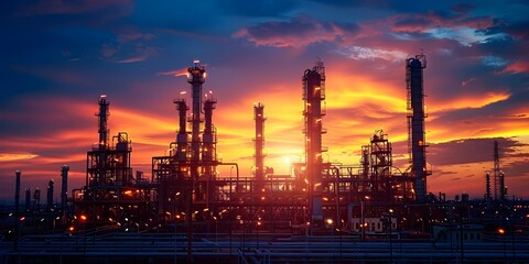 Fototapeta premium Brilliant Silhouettes of an Intricate Oil Refinery Set Against the Vibrant Desert Sunset Skyline Symbolizing the Power and Energy of Industry