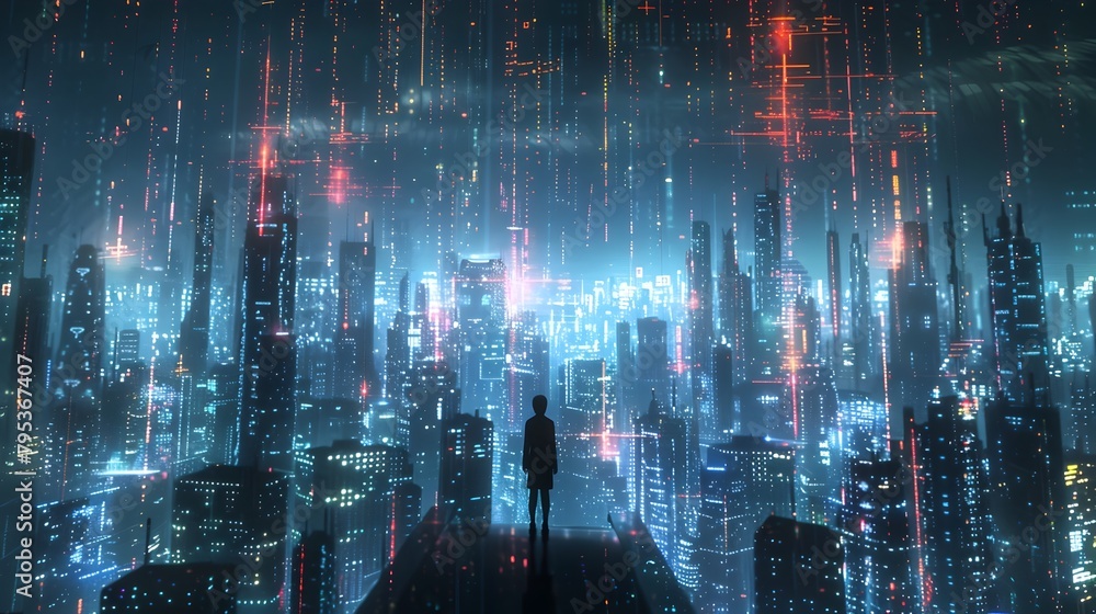 Poster aerial view of futuristic cityscape with abstract data lines and broadband signals depicting the con