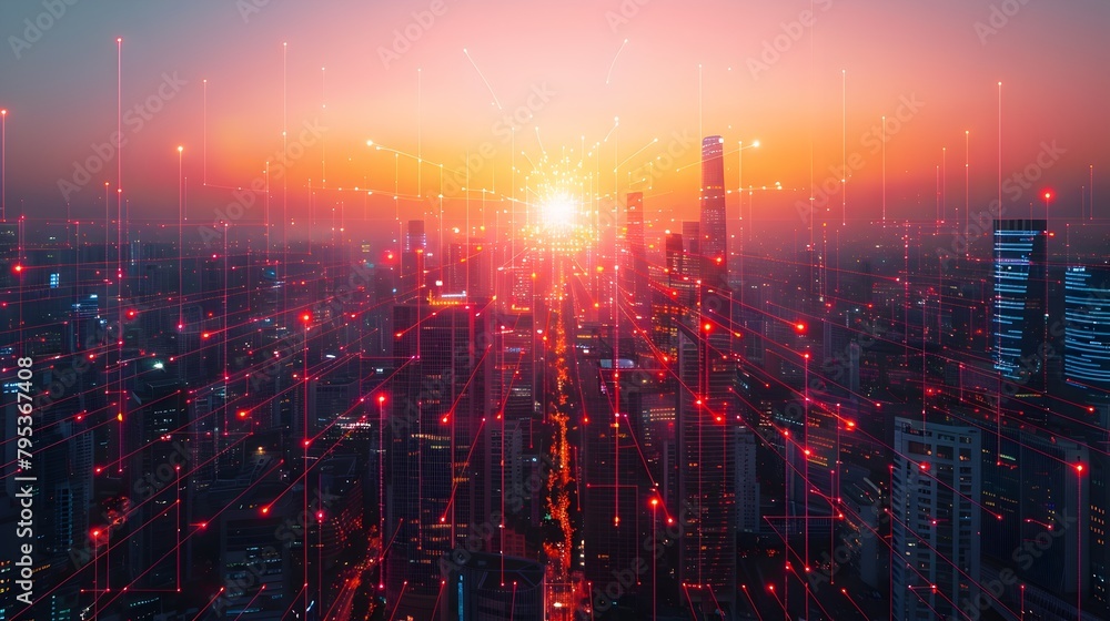 Poster aerial view of a futuristic cityscape with abstract data lines and broadband signals