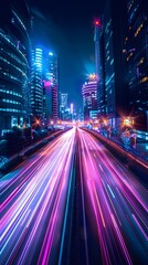 Futuristic urban light show showcasing the vibrant energy of high speed broadband connectivity in a dynamic metropolitan setting