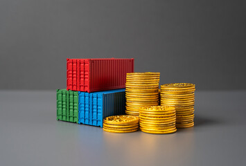 Sea trade containers and a stack of coins. World trade. Prices, tariffs and taxes. Transportation costs. Logistics and transportation of commercial cargo.