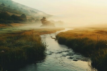 Serene river flowing gently through a peaceful countryside landscape