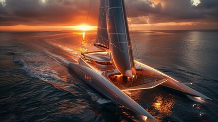 Modern catamaran with high tech sails effortlessly slicing through the water surface - obrazy, fototapety, plakaty