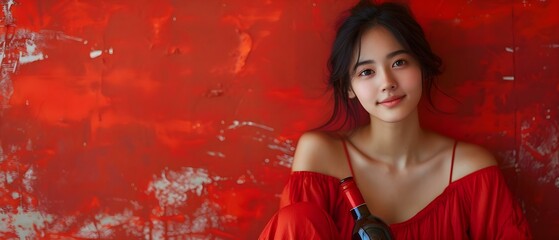 A young Asian woman sitting on the floor holding a bottle of wine. Concept Lifestyle, Asian Woman, Wine, Indoor Setting, Relaxing