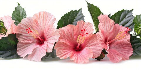 Obraz premium Pink hibiscus flowers isolated and leaves